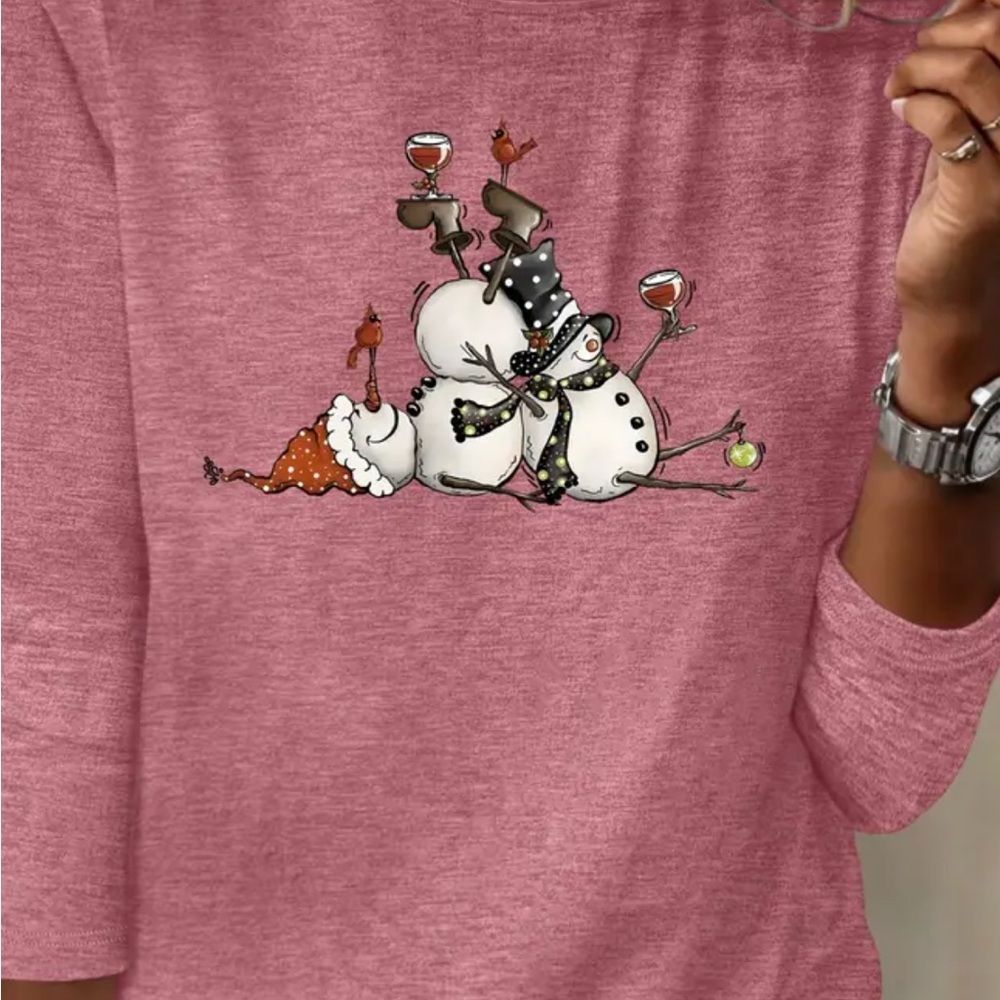 Nwt Deep Marled Pink Snowman Graphic long sleeve tee